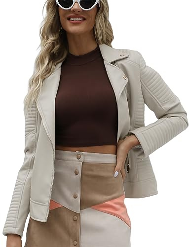 Giolshon Veste en Simili Cuir pour Femmes, Manteau de Moto Court et Décontracté