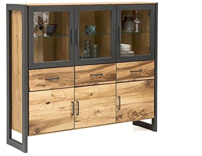 Vitrine Highboard Janne Regal Alteiche Metall Graphitgrau B.157cm Schrank