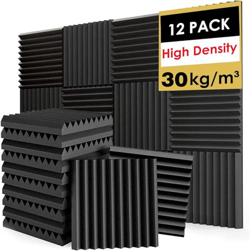 FONESO Acoustic Foam Panels, Sound Proof Foam Panels for Walls, High Desnsity Studio Soundproofing Wedges - Fire Resistant & Noise Absorbing for Studio, Office, Home (Black, 1x12x12 12Pack)