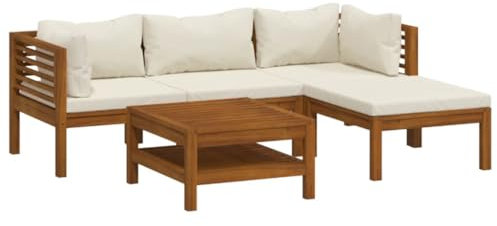 vidaXL Akazienholz Massiv Gartenmöbel 5-TLG. mit Creme Kissen Tisch Fußhocker Mittelsofa Ecksofa Sofa Lounge Gartenset Garten Garnitur Sitzgruppe Gartensofa