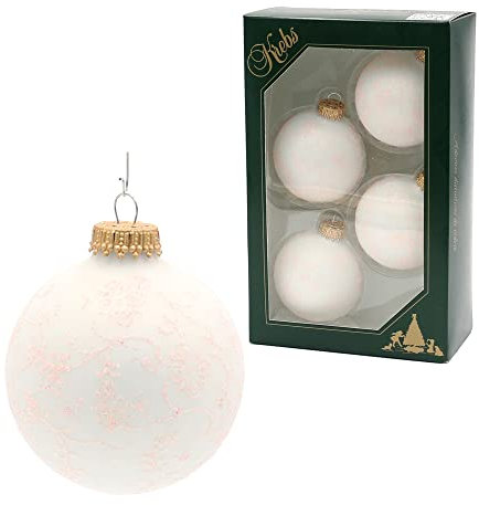 Lauschaer Christbaumschmuck - 4er Set Christbaumkugeln in weiß mit Glitter - Dekor, mit Goldkrönchen, Größe Ø ca. 7 cm