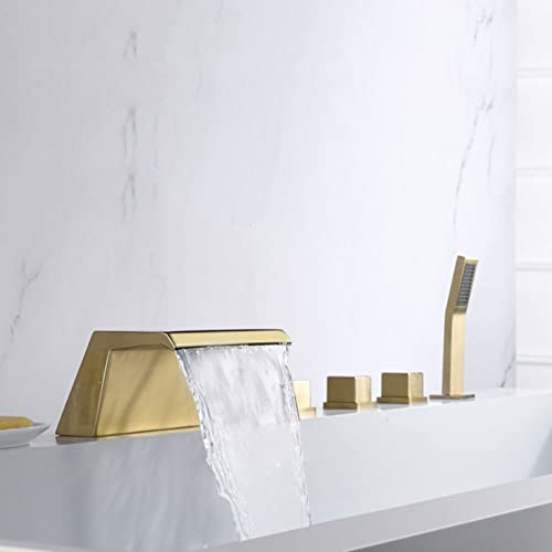 XJTNLB Badewannenarmatur Wasserfall mit Handbrause 5-Loch Wannenrandarmatur, Wasserhahn Badewanne Armatur-Gebürstetes Gold