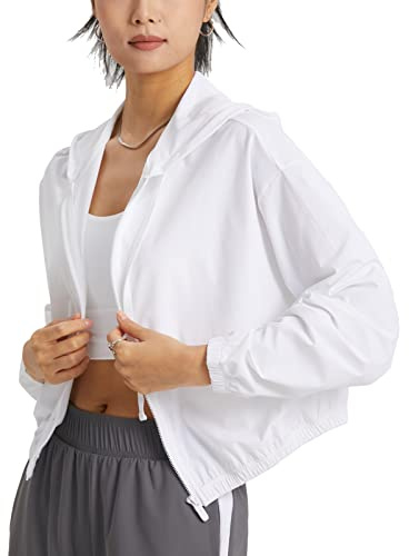 altiland Damen Laufjacke Trainingsjacke Sonnenschutz Hoodie Atmungsaktiv Cropped Sport Jacke Voll Reißverschluss Dünn UV Jacke UPF 50+ (White, M)