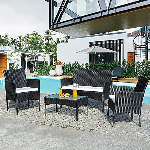 Ikodm Polyrattan Sitzgruppe Set, 7-Teilige Balkonmöbel Set inkl. Sofa, Singlestühle, Tisch und Sitzkissen, Gartenmöbel Terrassenmöbel für Garten- Schwarz