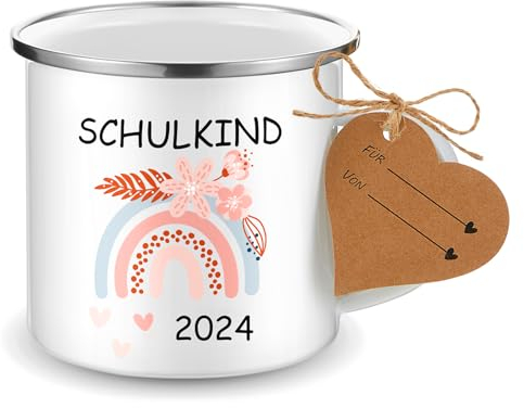 Nuenen Schulkind Emaille Tasse 2025 Einschulung Geschenk Becher Schulanfang Schulkind Becher Regenbogen Motiv Tasse mit Kraftpapier Anhänger und Hanfseil für Schulkind Schulstart Schule (Mädchen)