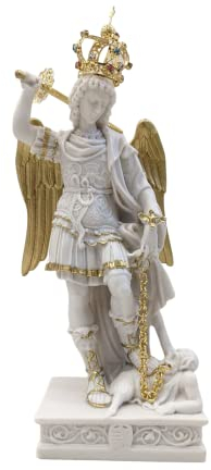 OVUNQUE PROTEGGIMI Statue des Heiligen Michael, der Erzengel, weiß, mit goldenen Details, Höhe 30 cm (11,81 Zoll), aus Vollharz, italienisches handgefertigtes Produkt