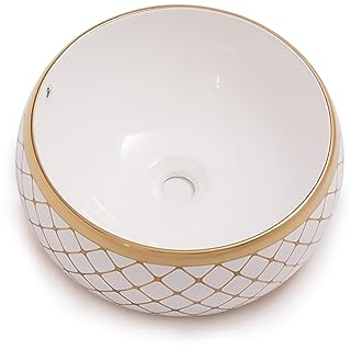 RD Luxury® Lavabo de diseño redondo lavabo pequeño lavabo para el baño, color blanco/dorado