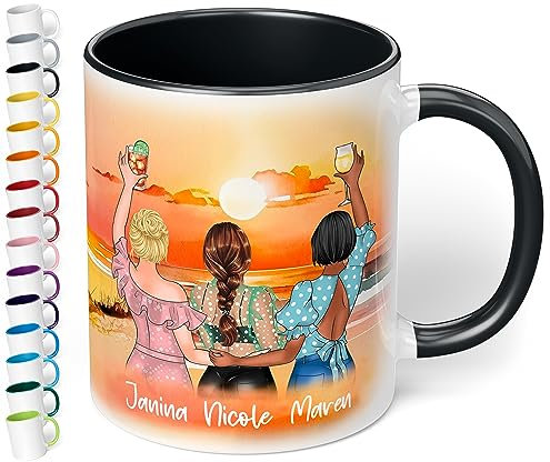 Keramik-Tasse für beste Freundinnen „Drei Freundinnen am Strand“ – 330ml Kaffeetasse personalisiert mit Namen & Aussehen - BFF best friends - Geschenke Geburtstag Weihnachten (Schwarz)
