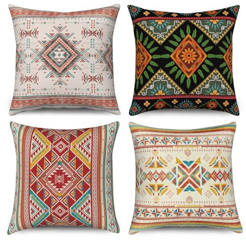 ASDCXZ Boho Kissenbezug 50x50 cm 4er Set, Vintage Boho Geometrie Muster Rot Beige Schwarz Sofa Dekokissen Kissenbezüge Kissenhülle Waschbar Polyester Flachs Textil Outdoor Kopfkissenbezug Kissen Bezug