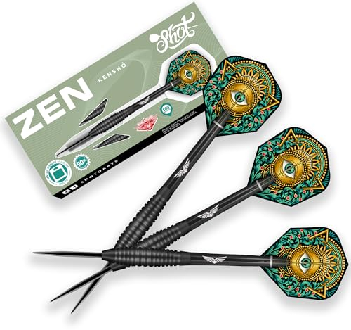 Shot Steel Darts Zen Kensho Match Dart 90% Tungsten Steeltip Darts | Soft Dart Hochwertiges Tungsten Dart Set mit Schäften und Flights Made in New Zealand (23 Gramm)