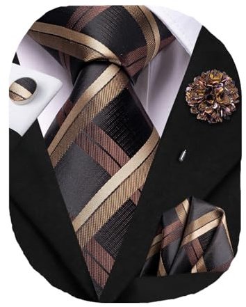 Hi-Tie Mens Black Brown Champagne Silk Ties Set Plaid Woven Striped Necktie