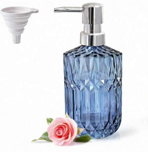 LaMarriti Blauer Glas-Seifenspender mit rostfreier Pumpe, Kristallglas, nachfüllbarer Lotion-Seifenspender für Badezimmer, Arbeitsplatte, Küche, ideal für Handseife, Spülseife, Duschgel