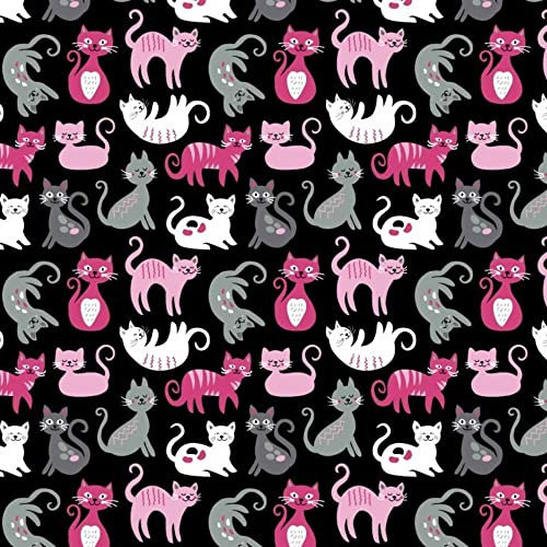 8,98€/m Katze 100% Baumwolle 50x160cm Baumwollstoff Meterware Handwerken Nähen Stoff (Katze Schwarz Rosa Weiß)