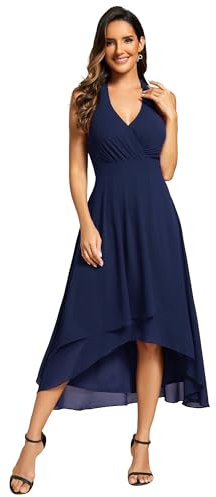 Ever-Pretty Vestidos de Boda Invitada Cuello Halter Pliegues Sin Mangas Gasa Dobladillo Fluido Elegante Azul Marino 38