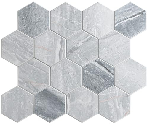 LoXus-Mosaikfliesen Sechseck Aufkleber Matt – Wandfliesen Küche & Badezimmer Selbstklebend, 3D Steinoptik Fliesenaufkleber, Wasserdichte Klebefliesen für Wand & Spritzschutz-10-Stück (29 x 25cm)