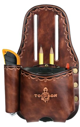 TOURBON Large Genuine Leather Tape Measure Holder for Belt Measuring Tape Tool Pouch with Hammer Utility knife Holster Pencil Loops