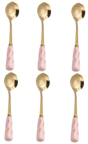 Beatifufu 6pcs Long Handled Stainless Steel Mixing Spoons Pink Ceramic Handle Teaspoons for Desserts