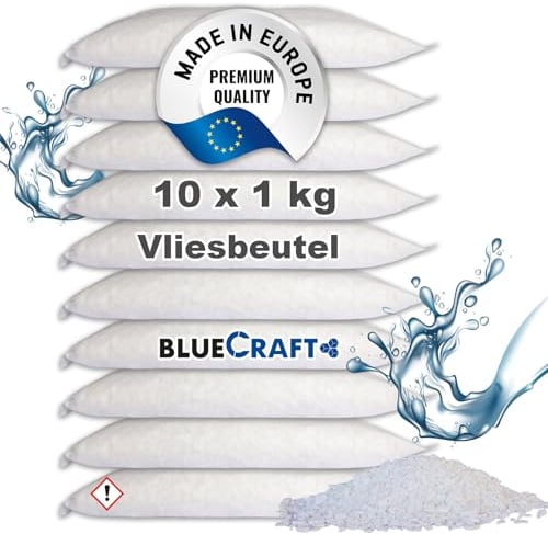 Bluecraft - 10x 1kg Luft-Entfeuchter Nachfüllpack Calciumchlorid Prills im Vliesbeutel | Effektiv & Schnell | Raumentfeuchter ohne Strom | Feuchtigkeitskiller