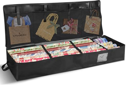 AROMUJOY Organizer Carta Da Regal, Sacchetto di Carta da Regalo in Tessuto Oxford 600D, Borsa di Stoccaggio con 4 Scomparti, Porta Carta Regalo per Nastri Accessori Decorativi, 99 x 35 x 15 cm