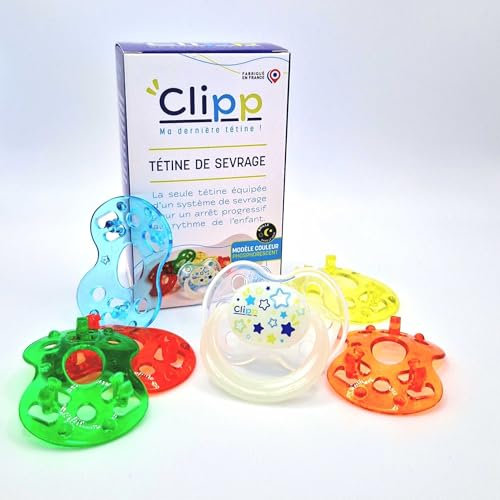 CLIPP - Kit Clipp, Tétine de Sevrage Couleur- 5 Collerettes pour Arrêt Progressif - Sevrage de la Tétine par Paliers, Facile et en Douceur - A Partir de 2 Ans
