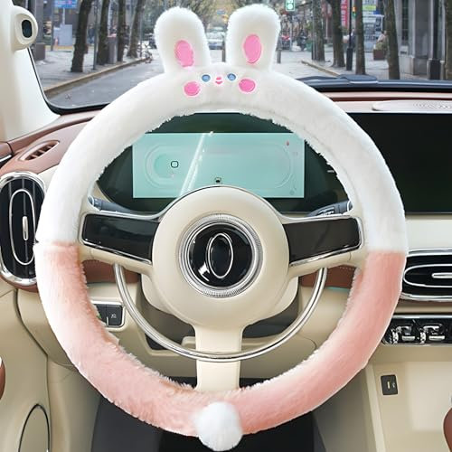 Badaren Plüsch Lenkradbezug Auto - 15 Zoll (38 cm) Universal Lenkradhülle - Anti-Rutsch Lenkradabdeckung für Winter (Kaninchen)