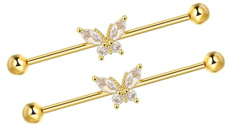 16G 14G Farfalla Piercing Industriale Gioielli 38mm Barbell Ponteggio Piercing Orecchini CZ Industrial Bar cartilagine Piercing Gioielli, 38mm, Acciaio inossidabile