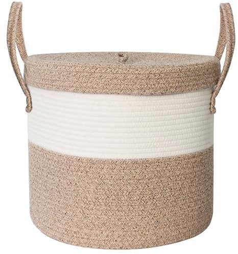 HONCESTA 15”x13” Large Storage Basket with Lid, Blanket Basket Living Room, Woven Cotton Rope Baskets for Storage, Kids Toy Storage Bin, Tall Wicker Laundry Basket, Blankets Pillows Organizer Holder
