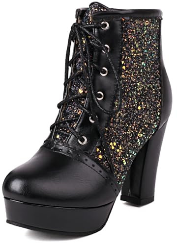 Klarmar Sparkly Stivaletti Plateau Punta Rotonda Cordoncino Stivali Alti Brillantini Sposa Stivali da Sera Festa Block Stivali Nero Numero 32 EU/21CM