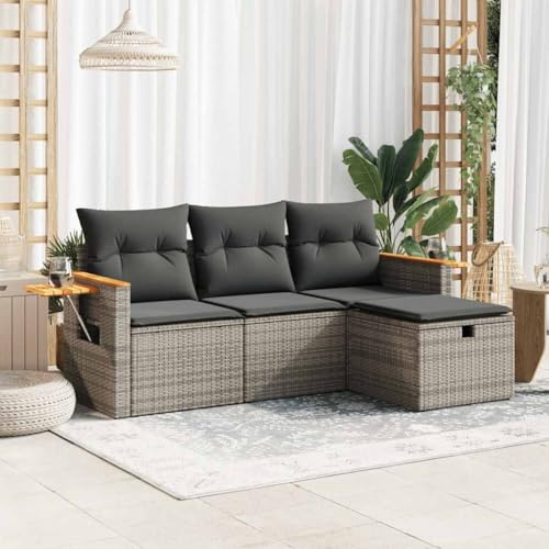 Willood 4 TLG. Garten Sofagarnitur mit Kissen Poly Rattan Gartenmöbel Gartengarnitur mit Stauraum Grau