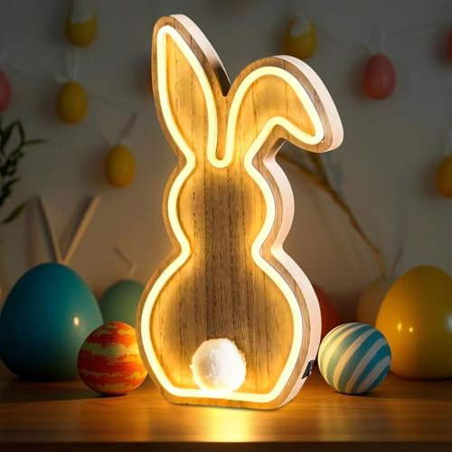Osterdeko Hase mit LED Licht, Ostern Deko Kaninchen Lamp aus Holz, LED Osterhase Figuren mit Warmweiß, Batteriebetrieben Osterhase Nachtlicht Kinder Ostergeschenke für Schlafzimmer Wohnzimmer (A)