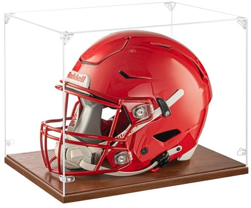Fußballhelm-Vitrine in voller Größe, verdickter UV-Schutz, klarer Acryl-Deckel, Helmbox, Fußballhelm-Vitrine mit Massivholzsockel für Sport-Erinnerungsstücke