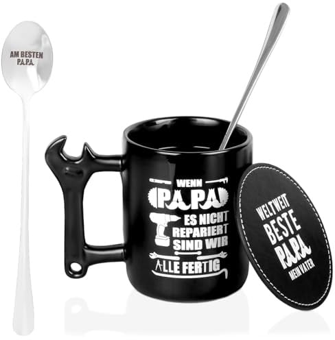 Geschenk Tasse mit Schraubenschlüssel-Griff, 350ml Kaffeebecher, Löffel und Untersetzer - Mit Spruch Am Besten Papa für Vatertag, Weihnachten, Geburtstag