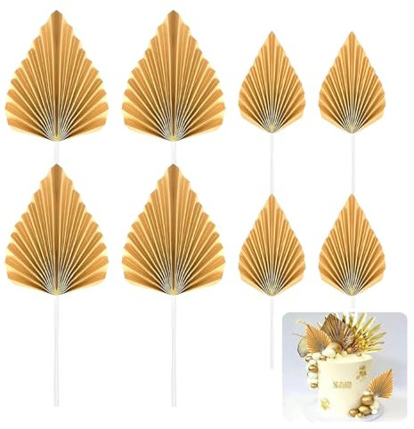 8Pcs Paper Palm Fan Cake Toppers, Palm Spear Leaves Fan Cake Pick Palm Scallop Cupcake Topper Cake Insert Decoration for Cake Decorating DIY Craft Project Home Wedding Party Décor, Gold