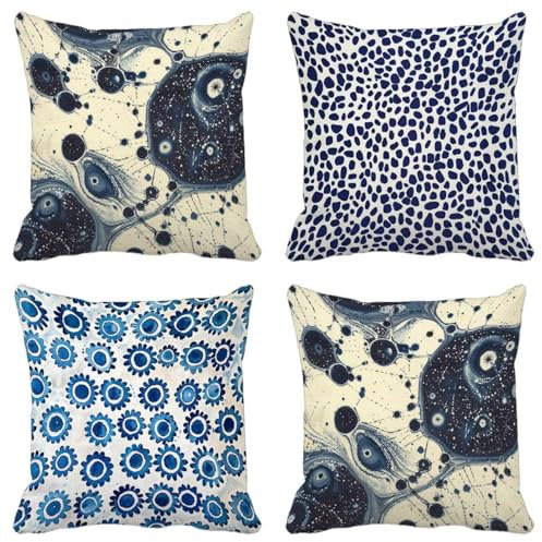 Outdoor Cushions 55 x 55 cm Set of 4 Retro Sofa Cushion Covers Blue Waterproof Linen Pillows Case Throw Pillows With Lnvisible Zipper for Patio Garden Farmhouse Bench Car Home Decor Gifts Women 5-I