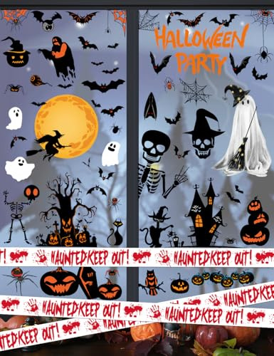 Wohohoho 141PCS Halloween Window Clings, 10 Sheets Scream Stickers with 5M Caution Tape, Vintage Halloween Wall Decals Decor, Ghost Skeleton Witch Castle Tree Cat Designs Treat or Trick Party Favors