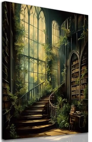 Düsteres gotische Kunstwerk, Motiv: Dark-Academia-Gemälde, Bibliothek-Leinwand, Vintage-viktorianische Bilder, mittelalterliche Schloss, botanischer Druck, 40,6 x 61 cm, gerahmt