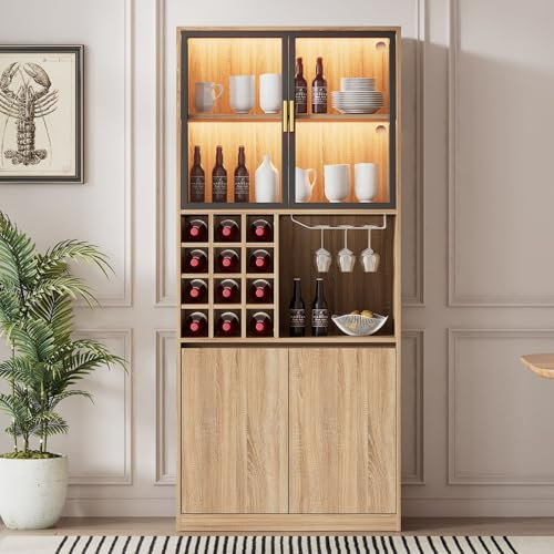 KOMHTOM Vitrine en Verre LED avec Compartiment de Rangement Ouvert et 4 Portes - 80x40x180cm Armoire Moderne - MDF - Buffet en Bois pour Cuisine et Salon (Naturel-A)