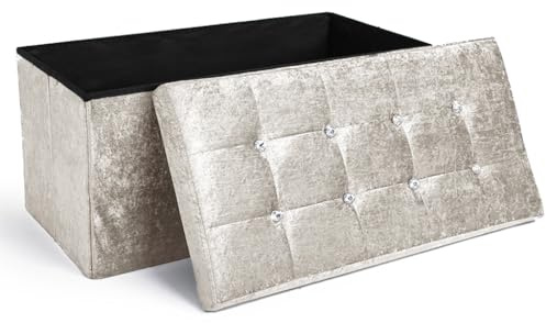 Home Republic Crushed Velvet Ottoman Storage Box – Foldable Cube Ottoman with Lid – Multipurpose Toy Chest, Foot Rest, Bench Seat & Nursery Storage Solution (Cream, 76W)