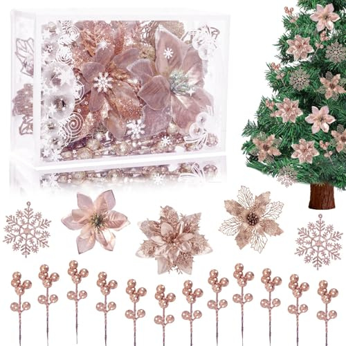 Fezaphy 59PCS Poinsettia Artificial Christmas Flowers Decorations Rose Gold Christmas Tree Decorations 6 Style Ornaments Berry Stems Hanging Snowflakes Cards for Xmas Tree Party Wreath Fireplace Decor