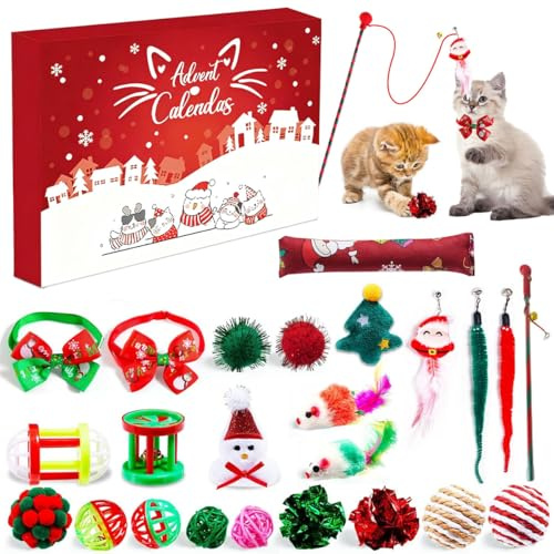 Adventskalender 2025 für Katzen, 24 Tage Weihnachts Countdown Kalender mit Sortiertem Katzenspielzeug, Katzen Adventskalender Spielzeug, Weihnachten Geschenk Katzenliebhaber