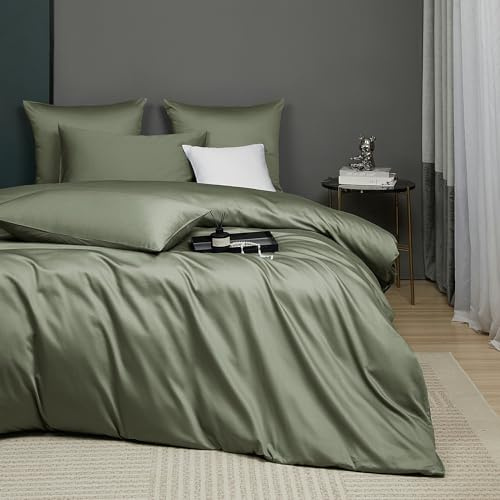 Luofanfei Bettwäsche 135x200 Baumwolle Grün Olivgrün Kühlend Mako Satin | Glatt Luxus Muster Atmungsaktiv Sommer Bettwäscheset Weich und Bügelfrei Uni Bettbezug Einzelbett und Kissenbezug 80x80 cm