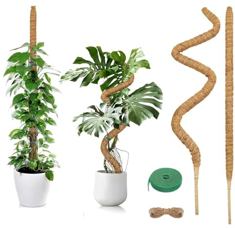 AMSGANK Moosstab Monstera für Pflanzen, 2 x 90cm Biegsame Pflanzenstütze Monstera Rankhilfe mit Zubehör Handgefertigte Kokosstab Moss Pole für Indoor Kletterpflanzen