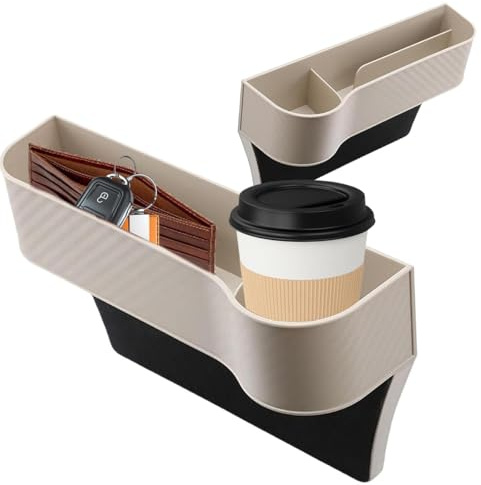 Garegce 2PCS Car Seat Gap Filler Organiser, Car Organiser Front Seat with Cup Holder, Storage Box with Usb Charging Hole, Car Console Side Pocket for Phones Glasses Keys Wallet Cards (White)