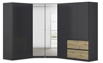 Rauch Möbel Costa, Kleiderschrank, Grau metallic/Eiche Artisan, 208x197x253 | Schrank-Kombination, 7-türig, Spiegel, 2 Schubladen, Push-to-Open-Funktion, für Schlafzimmer, Kinderzimmer, Arbeistzimmer