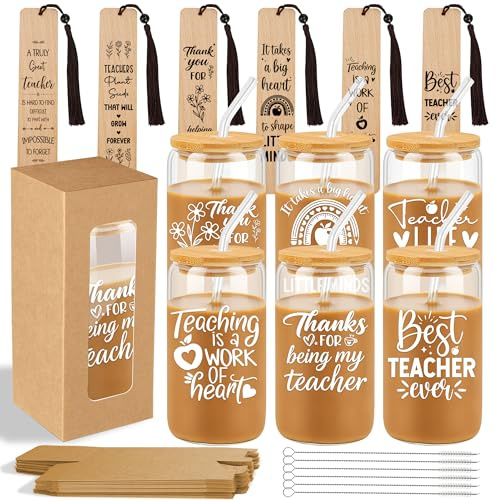 EcoUtens 6 Sets Teacher Appreciation Gifts for Women – Thank You Teacher 16oz Glass Cups with Lids and Straws, Personalised Glass Cups for Women, Iced Coffee Cup & Bookmark Set for Graduation