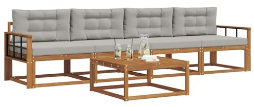 vidaXL Outdoor-Sofagarnitur mit Kissen 5 pcs Natürlich und Hellgrau, Stylische Gartenmöbel, modernes Sofa-Set, langlebige Möbel für Poolbereich, Bequeme Sitzgelegenheiten für die Terrasse