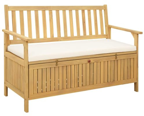 vidaXL Sitzbank mit Stauraum mit Kissen mit Speicher 120 x 63 x 84 cm, Garten- und Terrassenbank aus Akazie, rechteckig, wetterfest, vielseitig einsetzbare Holzmöbel