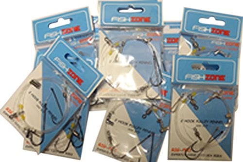 FISHZONE RIG PRO SERIES - 10 Packs of Single Type Commercial Quality - 2 Hook - PULLEY PENNELL Ready Tied Rigs - Ideal for Sea Surf Casting Fishing (80lb Main) (10 x 2 hooks - size 1/0-30lb snood)