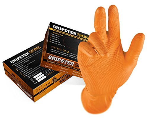 Lot de 50/25 paires de gants jetables en nitrile extra-résistants Gripster Skins - PPE Cat 3 Auto Commercial - Gants qualité supérieure, sans poudre par Gocableties, Orange, Large / Size 9