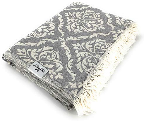 Carenesse Jacquard Tagesdecke Single Size Barock 150 x 200 cm grau I Edle & zarte Wendedecke aus 100% Baumwolle mit hochwertiger Webung I Überwurf für Bett & Sofa I Wohndecke dünn & leicht